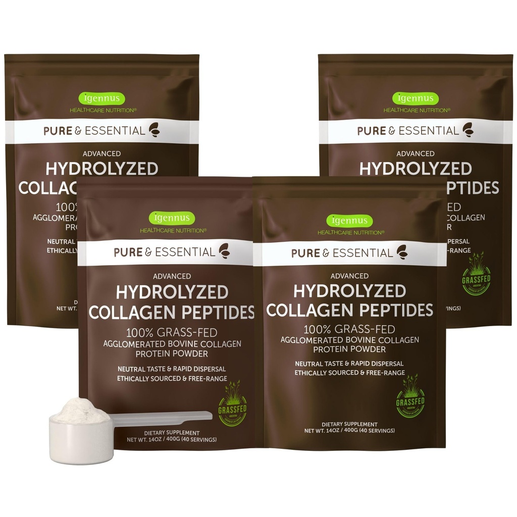 Igennus Free Range Grass Fed Hidralizirani goveji kolagen Peptidi, nevtralen okus, 100% najvišji goveji kolagen v prahu, vrste 1, 2 in 3, čista nalepka, ne-GMO, prost razpon,4 x 40 Servingi