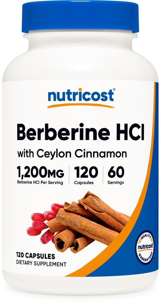 Nutricost Berberine HCl s Cinnamonovimi kapsulami (120 kapsul, 60 servacij) - ne-GMO, brez živali