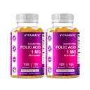 Vitamatska Folna kislina Gumies 1000 μg (1 mg) – Essential Prenatal Vitamin B9 za mamo in otroka – 120 Vegan Gumies na steklenico – 2 paket