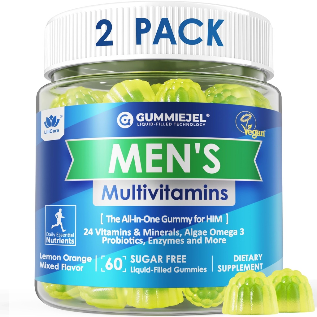2 Pack - Moški multivitamini Gumiji, Multiminerals, Vegan Omega 3, CoQ10, Probiotiki, Daily Mens Vitamini A C D E B6 B12, Metilirani multivitamin za moške, energijo, imuniteto, sladkor brez, Vegan (brez železa)