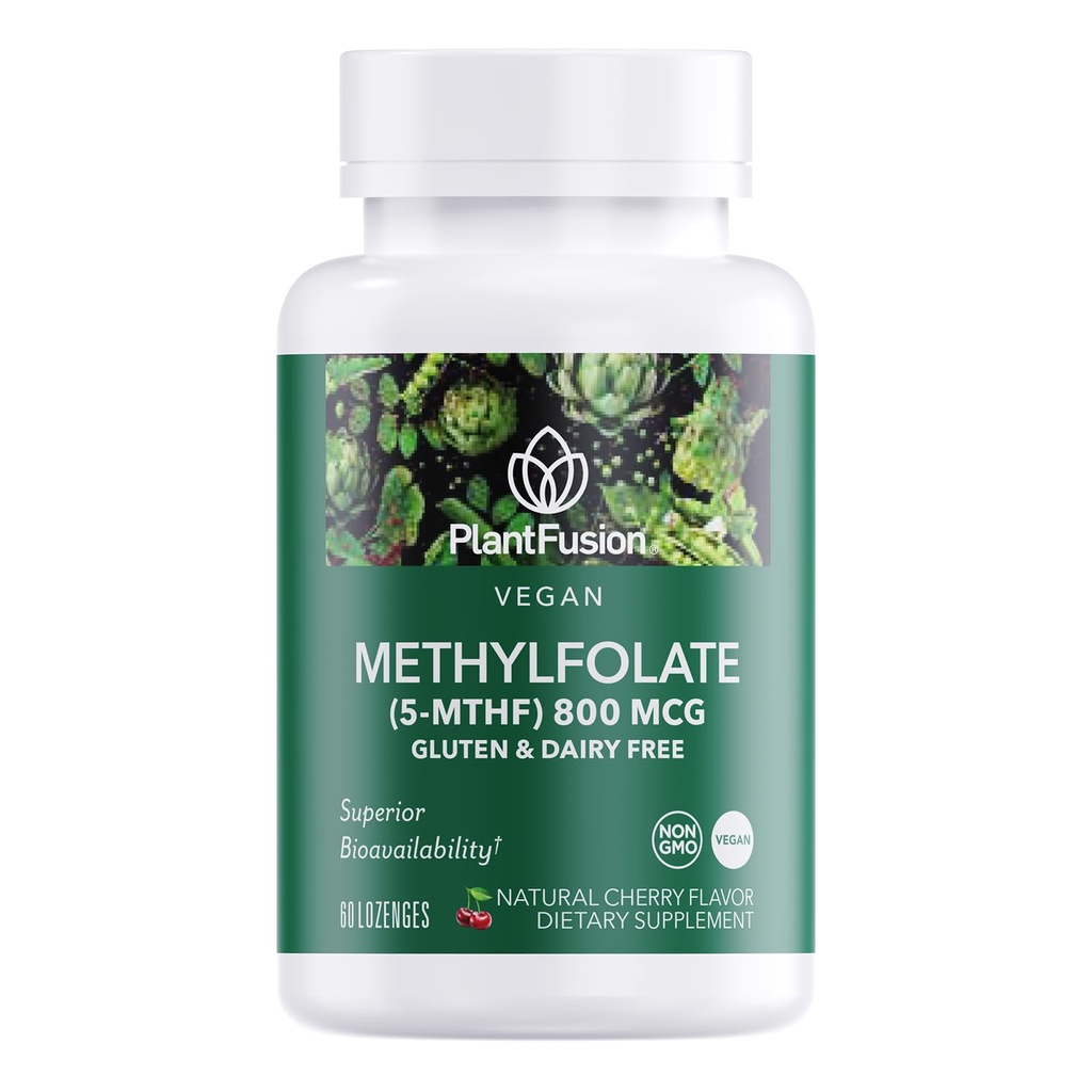 PlantFusion Vegan High Potency Metilfolate 5-MTHF – Hitro delujoče Podjezično Metil Folate Dodatek je 6X Več Absorbljiva - Non-GMO, Podpira Kardiovaskularno in možgani - 60 Lozenges
