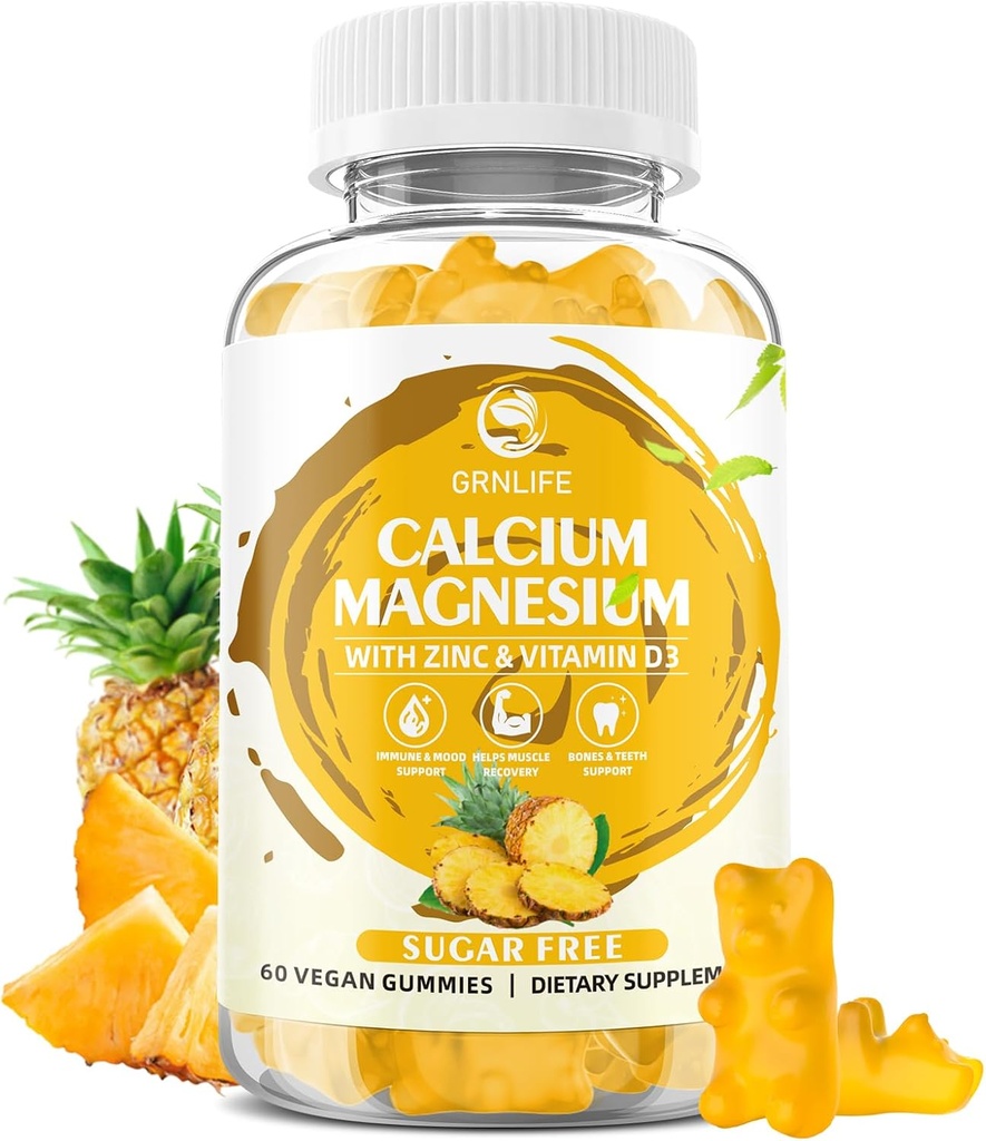 Kalcijev magnezijev cink Gumiji z vitaminom D3, brez sladkorja kalcijevi gumiji za ženske, velike jakosti Magnezije Gumiji za kosti in mišice in imuno zdravje, Ananasov okus - 60 Count