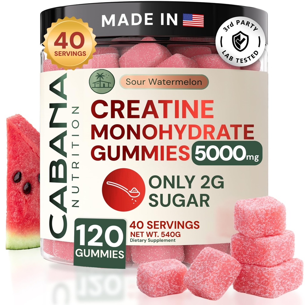 Kreatin monohidrat Gumies 5g - Samo 2g sladkor, Izdelano v ZDA - Sour Watermelon aroma - Vegan & 3. stranka Tested - Pre & Post Workout dodatek za ženske in moške (120 Count, 40 Servings)
