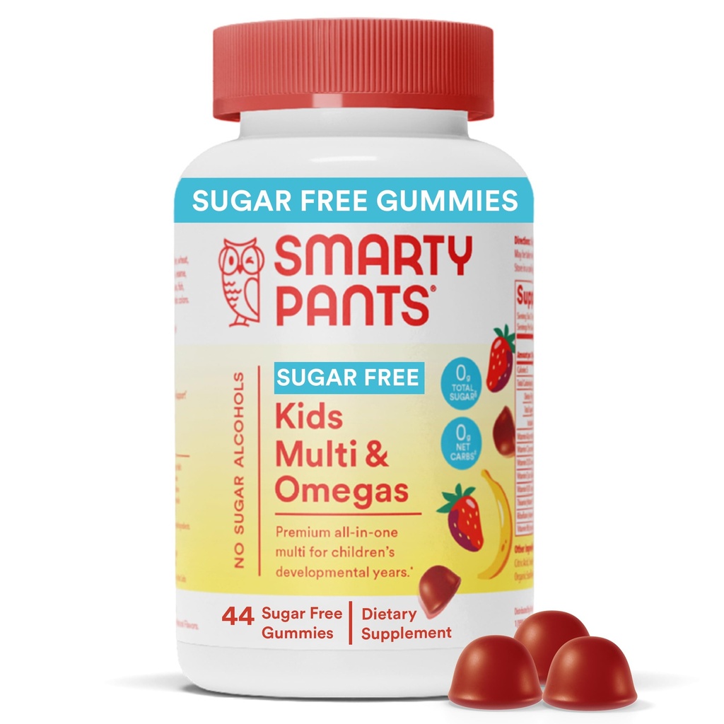 SmartyPants Kids Multivitamine Gumies, Sugar Free: Omega 3 (ALA), Vitamin D3, C, Vitamin B12, B6, A, K & cink za imuno podporo, Biotin, Eritritol brez, Jagodna banana, 44 Število (22 Dnevna dobava)
