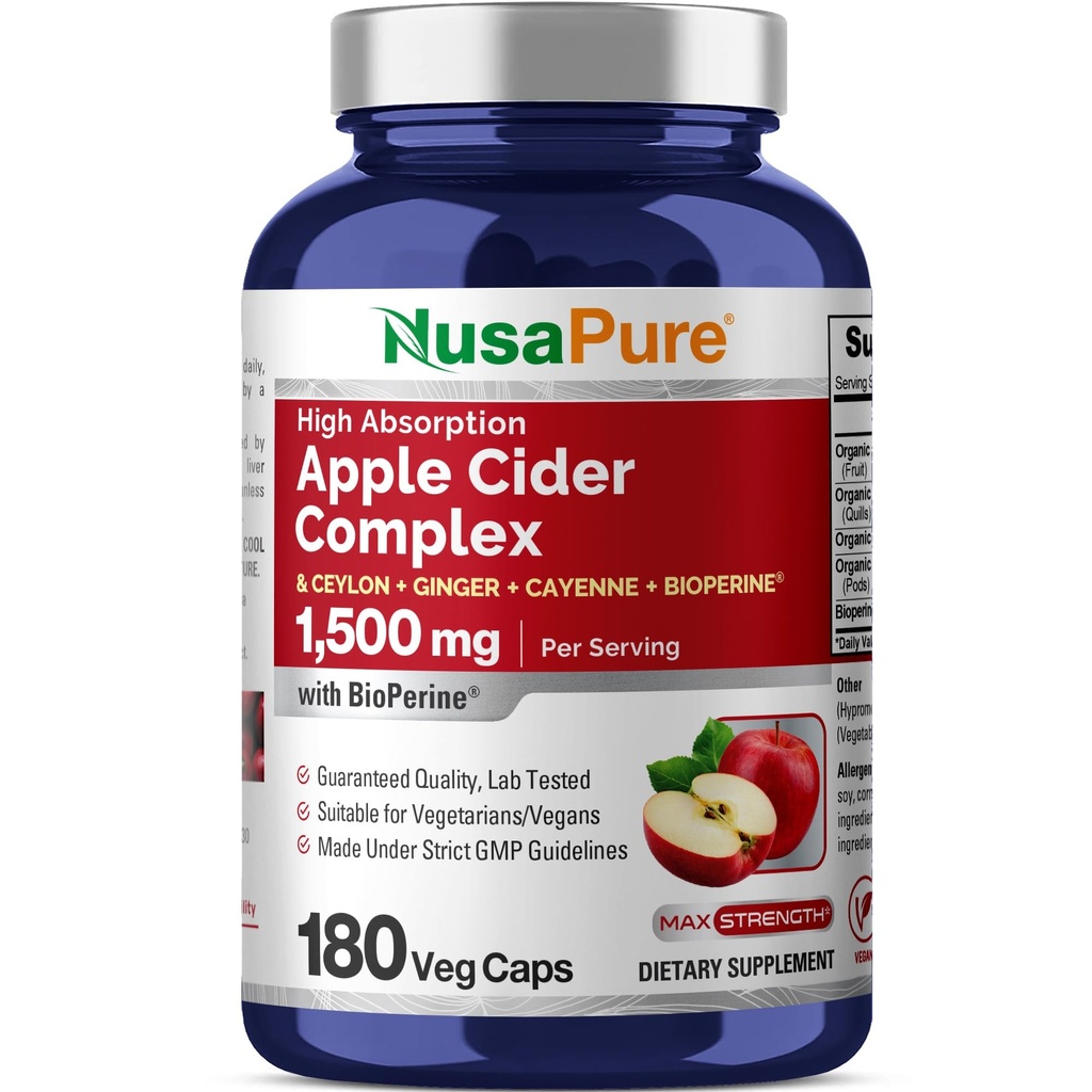 NusaPure Apple Cider Vinegar Complex 1500 mg 180 Veg Caps Primeren za vegetarijance in Vegane, Non-GMO