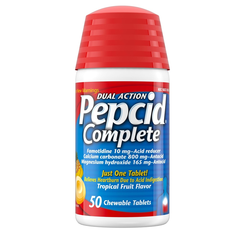 Pepcid popolni reduktor kisline + antacid za refluks kisline, 10 mg famotidina, 800 mg kalcijev karbonat & 165 mg magnezijev hidroksid na zgago tableta, antacidni žveči, tropsko sadje, 50 ct