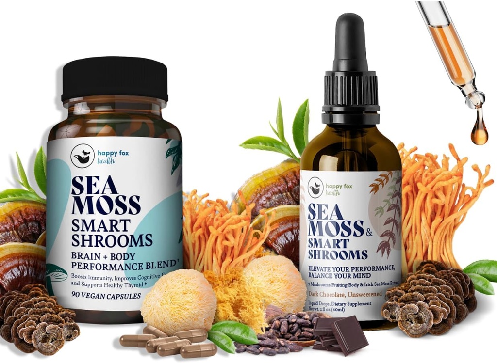 Brain Superfoods Bundle - Organic Sea Moss & Smart Shrooms, Kapsule in tekoče kapljice Bundle, Organic Irish Seamoss in 7 Adaptogeni dodatki za spomin in fokus. Tekoče kapljice v čokoladni aromi