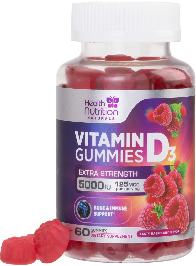 Vitamin D3 Gummies 5000 i.e. (125 μg) - Trojna moč Kost in Imunska podpora, Vitamin D Gummi Prehranska dopolnila, Narava Berry D Vitamin dodatek, Raspberry aromated, Non-GMO - 60 Gummies