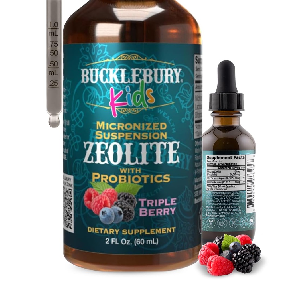BUCKLEBURY Tekoči zeolit Detox za otroke s probiotiki - Brez sladkorja Natural Berry Flavour Probiotics za otroke - Zeolit Heavy Metal Detox in Imunska podpora - 2 Fl Oz