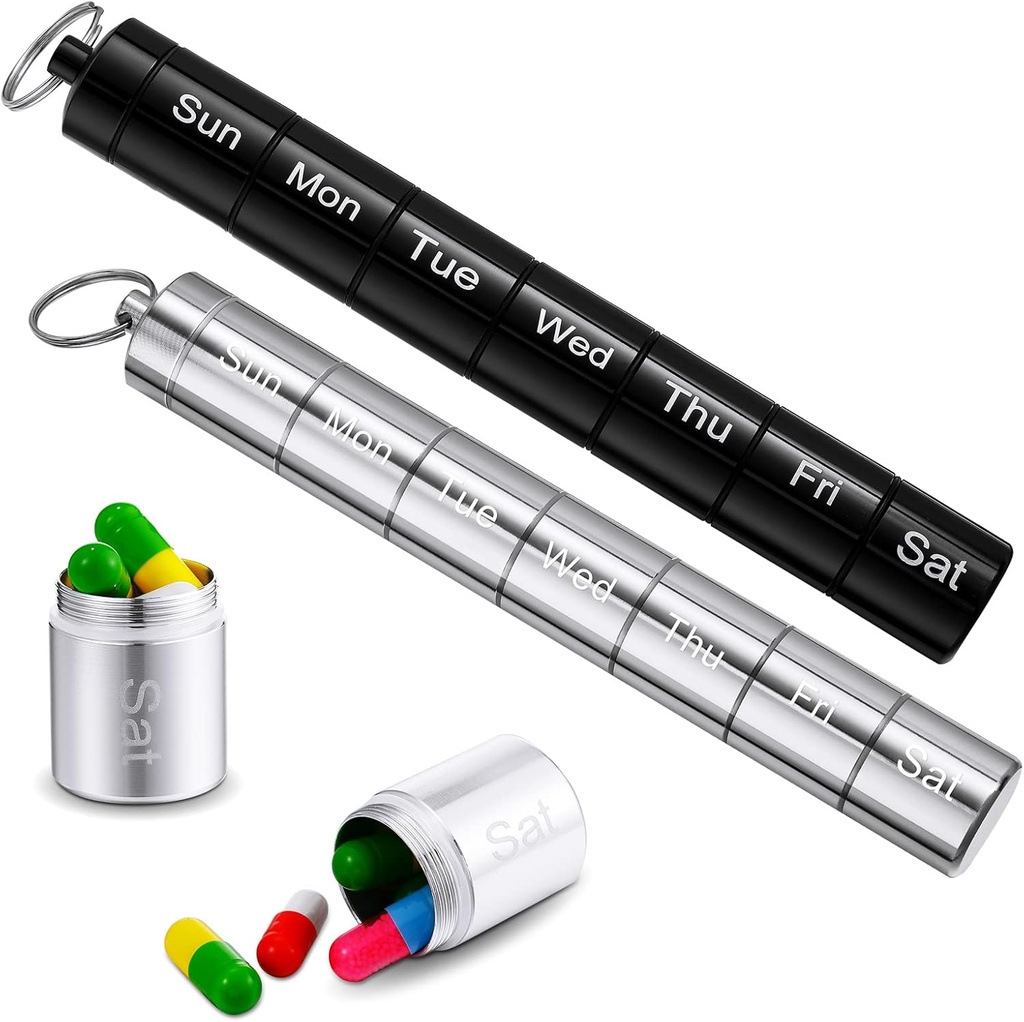 Vesici 2 Pack Metal Weekly Pill Organizator Travel Container s ključ verižico 7 dan tedenski nepremočljive majhne kapsule imetnik Case Box Stackable za ženske potovanja na prostem(črna, srebro)