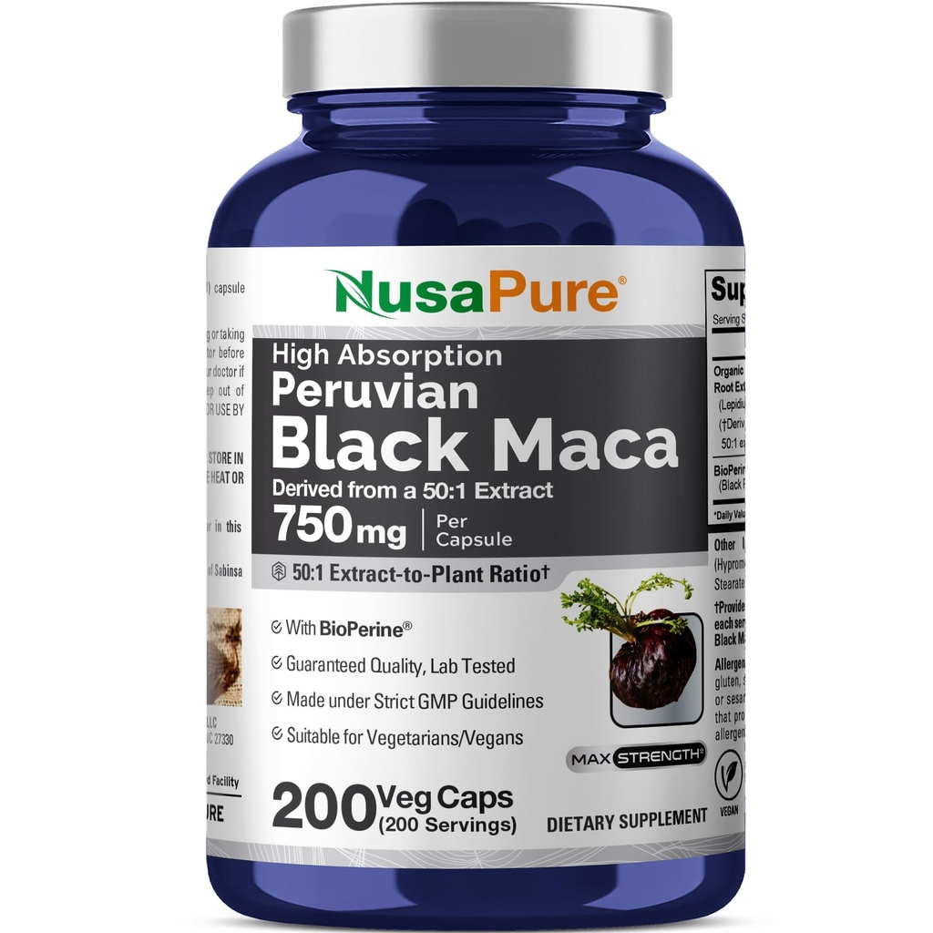 NusaPure Black Maca Root 50:1 Extract, 750 mg ekvivalent 37.500 mg Veggie na pokrovčke (Vegan, Non-GMO)