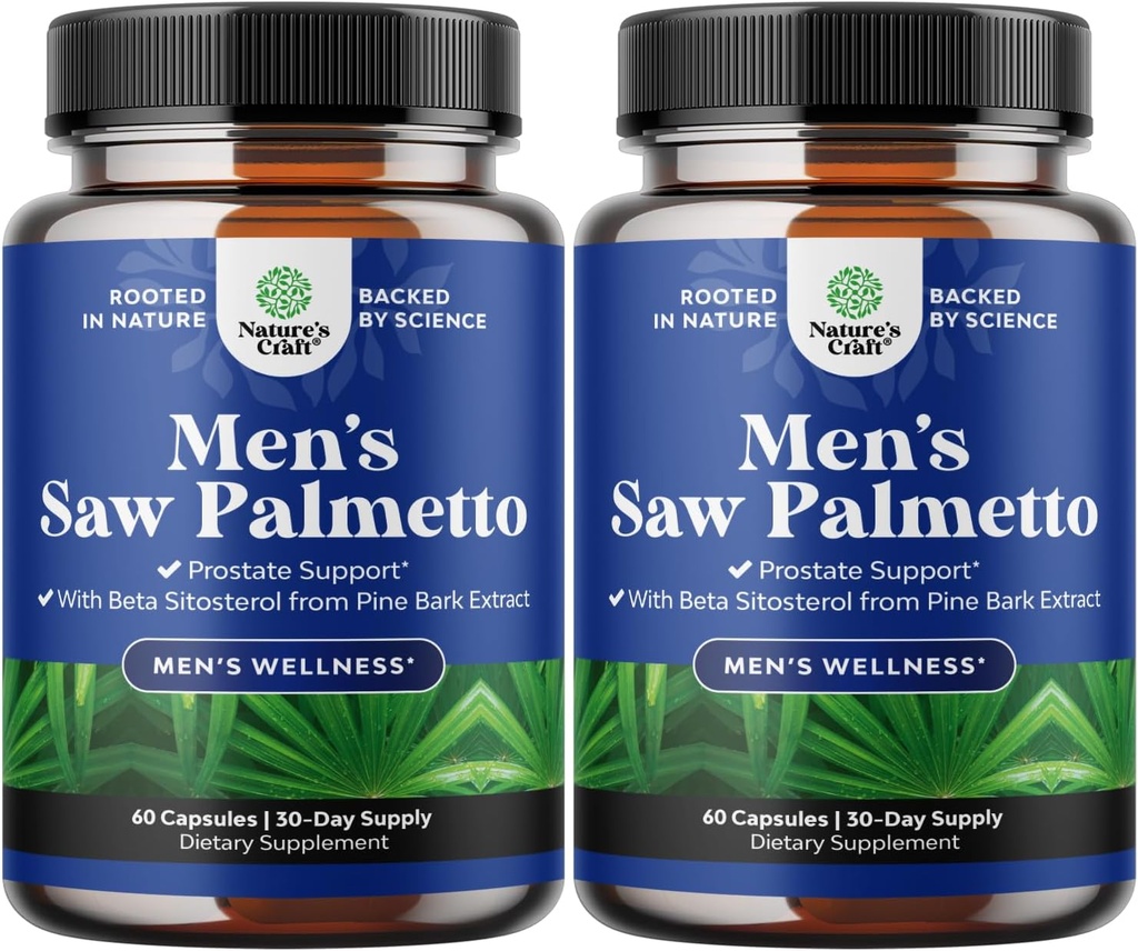 Saw Palmetto za moške z Beta sitosterolom - Saw Palmetto Extract Prostata podpora dodatek za zdravje moških & boljši Bladder Control Plus Obnavljanje las dodatek za zdravje las za moške - 2 Pack