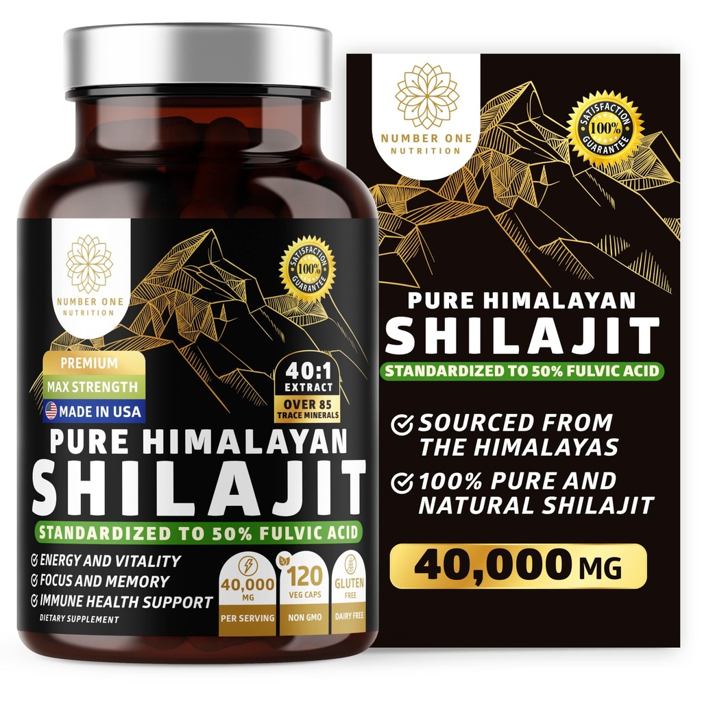 Čisti himalajski Shilajit dodatek za moške in ženske, [40.000MG, Max Jakost] Vsebuje 50% fulvične kisline z več kot 85 Trace minerali za podporo energije, možganov in imunitete, 120 Veg kape