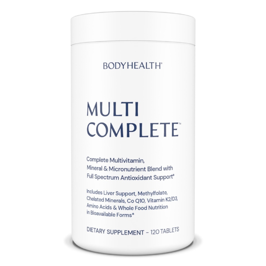 BodyHealth Multi Complete (120 Ct) Dnevni multivitamin za moške in ženske s celimi živili, minerali, antioksidanti, ekološki zeleni živilski koncentrati in ekstrakti detoks jeter, veganski in ne gensko spremenjeni organizmi