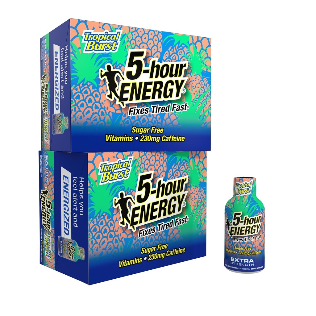 5-urni energijski Shot z dodatno močjo ENERGY, aroma tropskih žarkov (1,93 oz., 24 štev.) nič kalorij in brez sladkorja 230 mg kofeina Shot, aminokisline in vitamini B, prehranski dodatki
