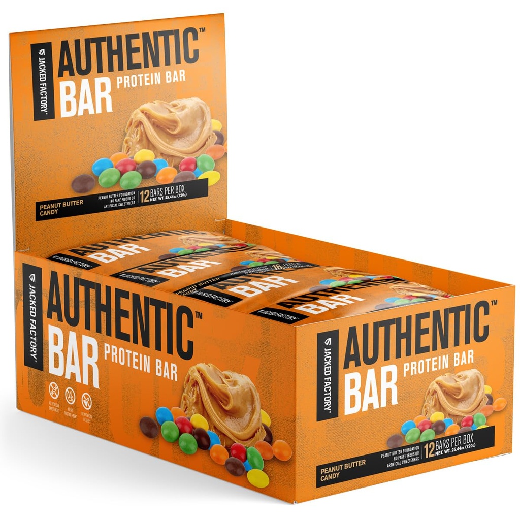 Jacked Factory Verodostojna Bar Peanut Butter Candy Protein Bars - Okusna obrok zamenjava energijskih čokoladic w/ 16g sirotkinih beljakovin izolat, naravni sladkorji iz čistega medu, zdrava maščoba - 12 Pack