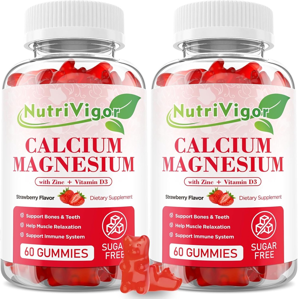 Kalcijev magnezijev cink Gumiji z visoko absorpcijo Magnezij 300 mg, Kalcijev dodatek z D3 za kosti, mišice in imuno podporo za otroke in odrasle, Jagodna aroma, 120 Count