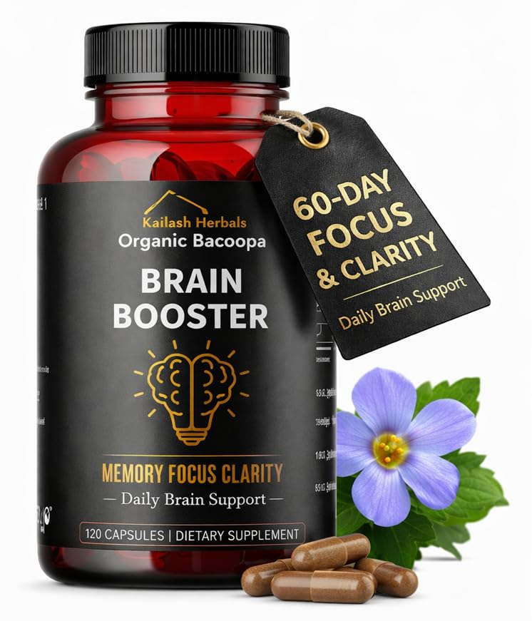 Bacopa, organski booster možganov, nootropični možganski dodatek, Bacopa Monnieri/Brahmi, za duševno ostrino, fokus, spomin, in kognitivno Wellness, 120 Kapsule 500mg, 2 Mesec zalog