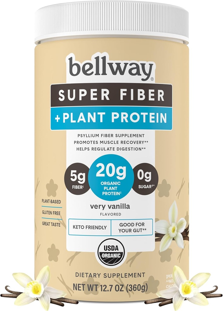 Bellway Super Fiber + Beljakovine v prahu, brez sladkorja organski Psyllium Husk Fiber dodatek v prahu z 20g rastlinski proteini na serviranje, Zelo Vanilla, 12.7 oz