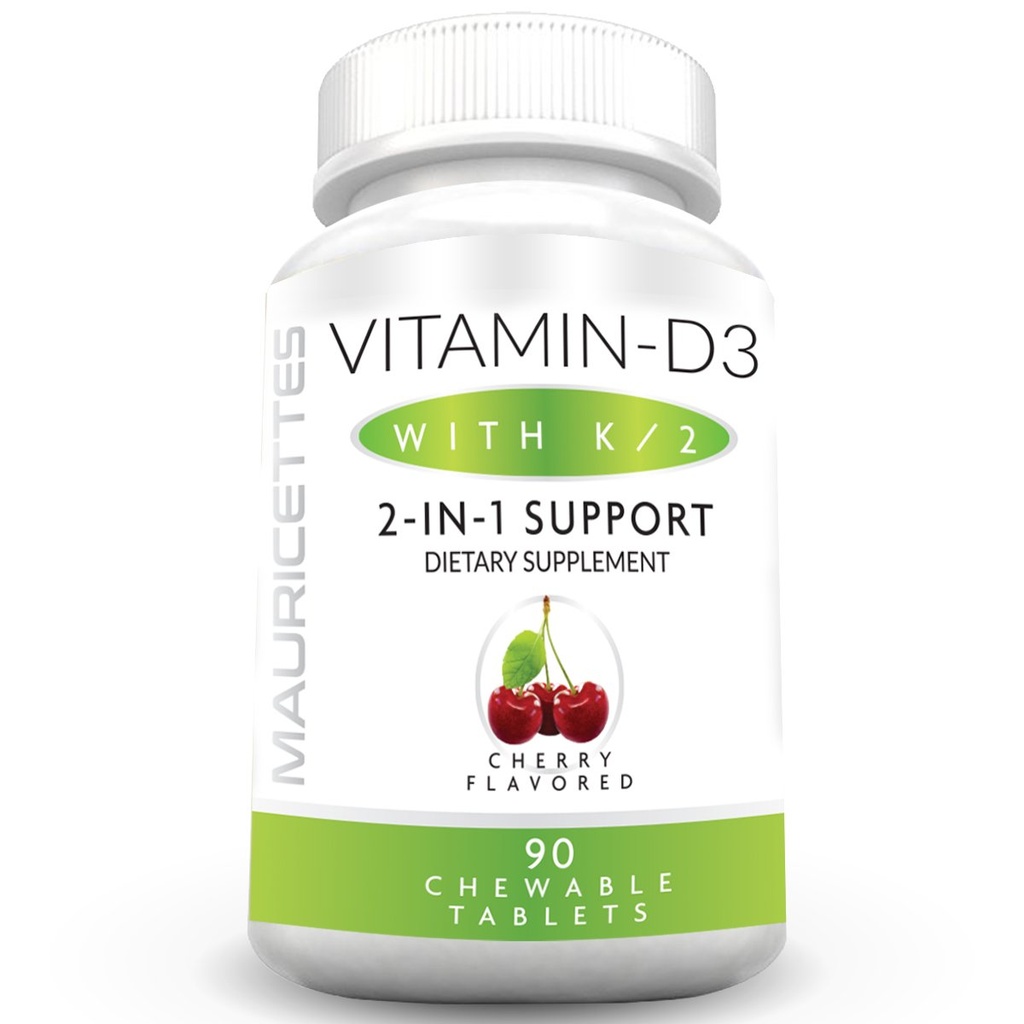 Mauricettes žvečljivi vitamin D3 s K2 – 2- v-1 Podpora za zdravje kosti in srca – Imunski ojačevalec – naravna češnjeva aroma – 90 tablet za odrasle in otroke