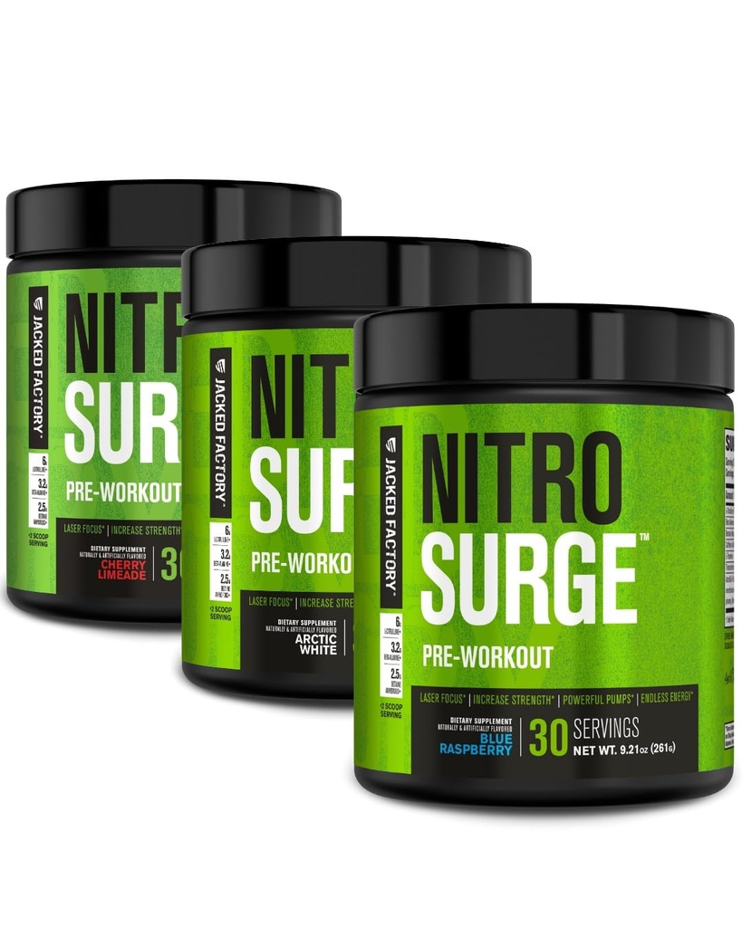 Jacked Factory NITROSURGE Pre Workout dodatek - Neskončna energija, Instant moč pridobi, Jasno fokus, Intenzivna črpalka 