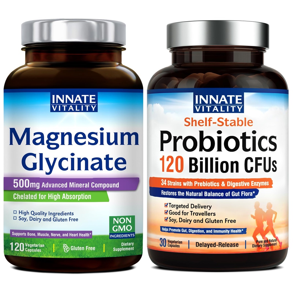 Prirojena vitalnost Magnezij Glicinat & probiotiki 120 milijardni paket, Non-GMO, No Gluten Dairy Soy & Vegan, Magnezij (120 Caps) & probiotik (30 Caps)