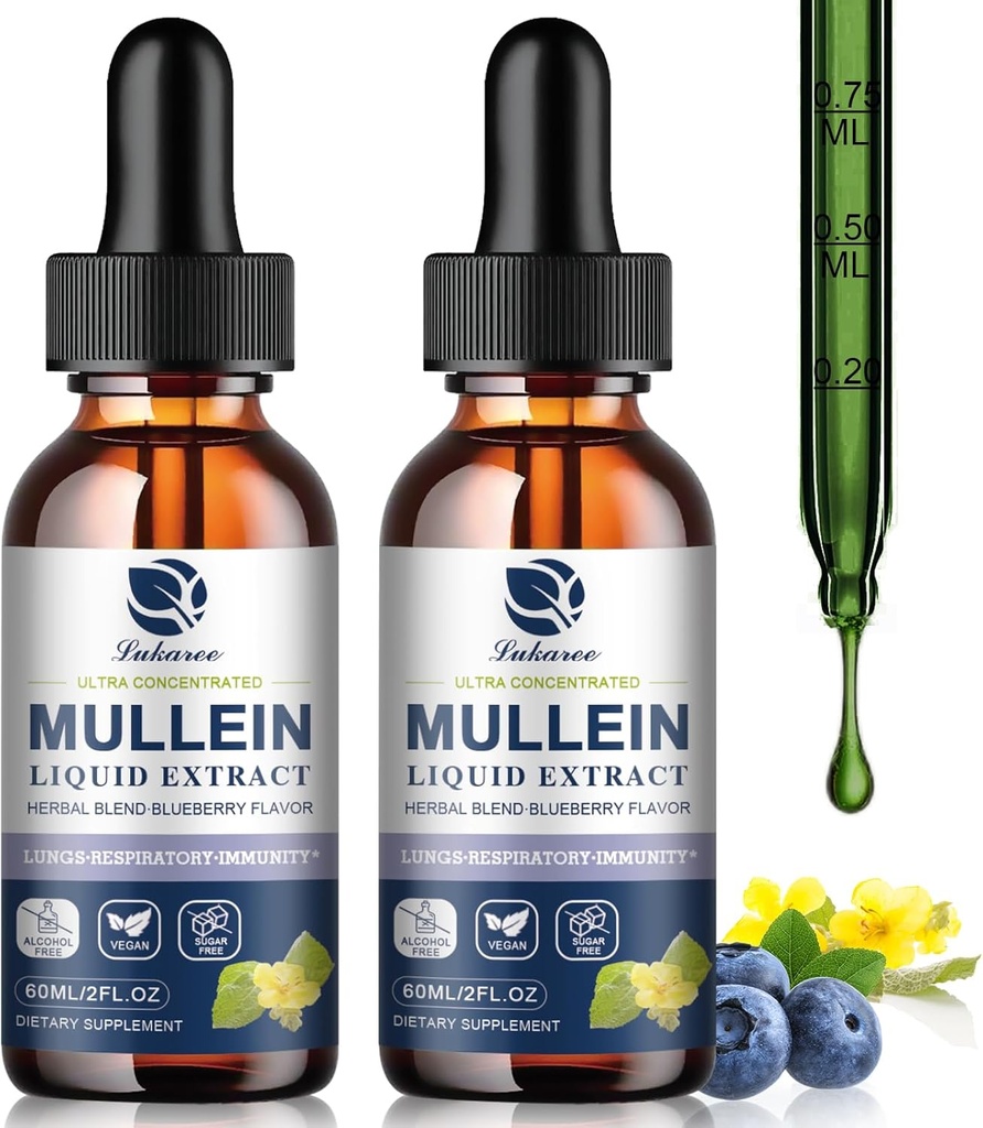 Mullein kapljice za pljuča, Lung Detox & Cleanse, Vegan Mullein Leaf Extract Tinkture s Klorofil Elderberry itd, Naravni zeliščni dodatek za dihala, Imuni, 60 Servinges