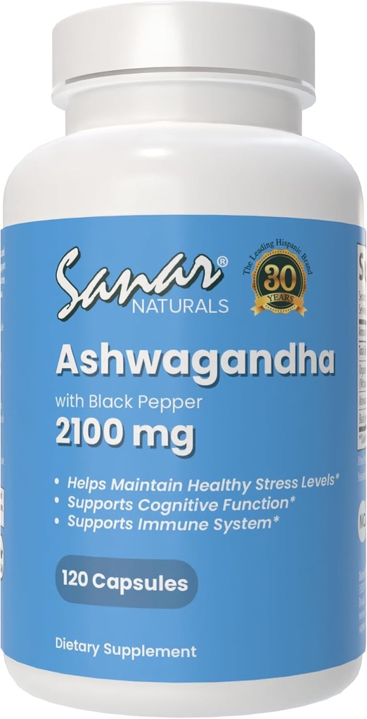 Sanar Naturals Ashwagandha 2,100 mg - Stress & Mood Support Supplement - spodbuja fokus in trajno energijo, Ashwaghand Powder in koren ekstrakt Mešanica s črnim poprom - Non-GMO, 120 Kapsule