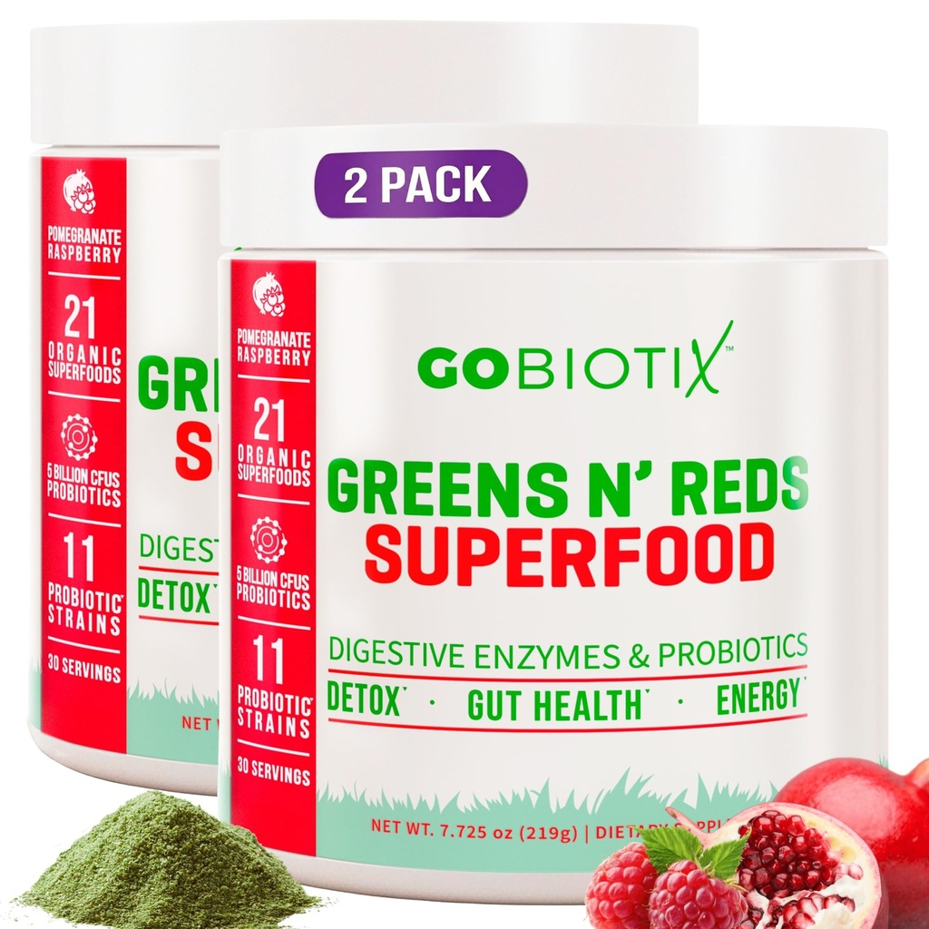 GOBIOTIX Super Zeleni in rdeči Powder - rdeča in zelena Superfood - Probiotični dodatek - Prebavne encimi in pesa koren powder - Organic Cela živila prehranska dopolnila (pom malina, 2 Pack)