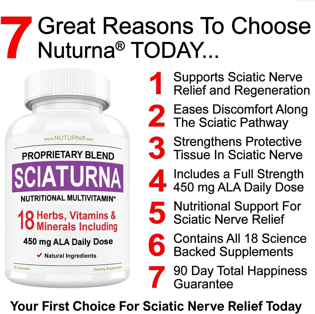 Sciatic Nerve Relief Supplement with 450 mg Alpha Lipoic Acid - 18 in 1 Super Formula za spodnji hrbet, Hip, Lumbar, Visoko, Nogo, Nogo - Najboljši naravni Sciatic Nerve Relief - 90 kapsul