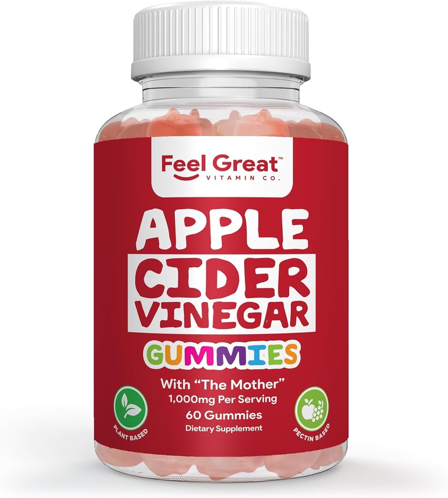 Feel Great Vitamini Apple Cider Vinegar Gummies – ACV z mamo za digestivno podporo & Dnevni Wellness – Vegan, Non-GMO, 60 Gummies