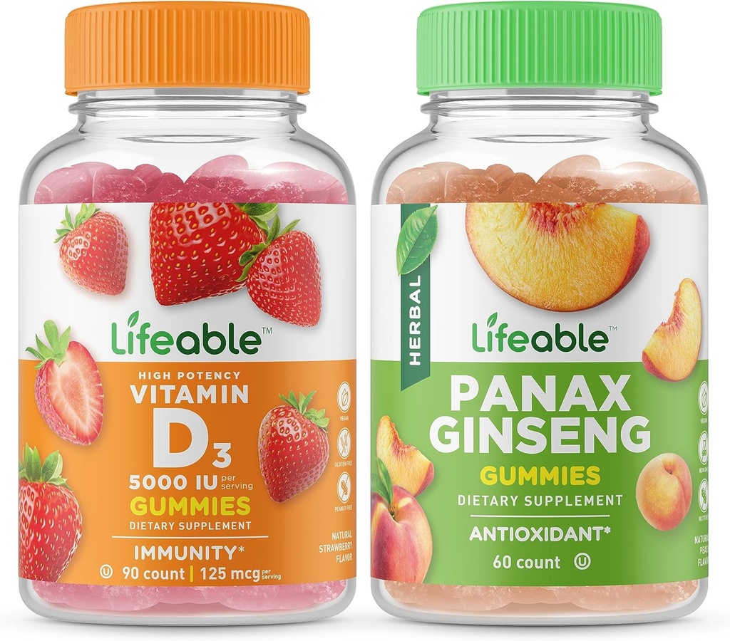 Življenjski vitamin D 5000 i.e. + Panax ginseng, Gummies Bundle - odličen okus, vitamin dopolnilo, Gluten brezplačno, GSO brezplačno, žvečljivi gumi