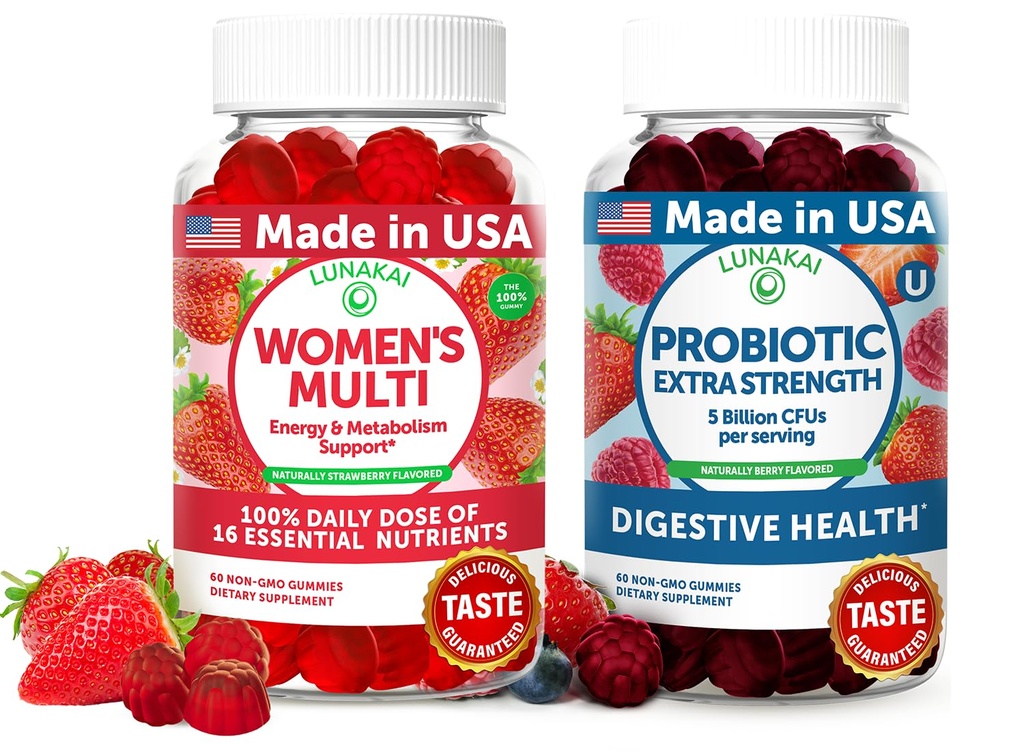 Lunakai USA Made Womens Multivitamin & Probiotic Gummies Bundele – 16 Multi Vitamini & Probiotic za podporo digestion – 60ct vsak