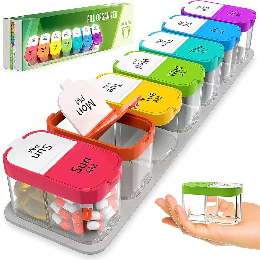 Ekstra velike tedenske tablete Organizator - XL Vitamin Holder s 7 Odstranljivi AM PM kosov - Prenosna medicina Dispenser za dom in potovanja, Velika dopolnilna posoda za tedensko ali dnevno uporabo, Rainbow