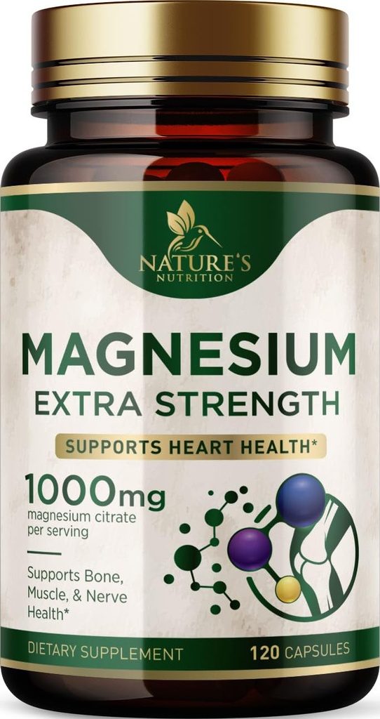 Magnezij Mineral Supplement 1000 mg - Visoka moč Magnezijev Citrat za kosti, zdravje srca, živci in mišice podpora, Narava Magnezij kompleks za celotno telo podporo, ustekleničen v ZDA - 120 kapsul