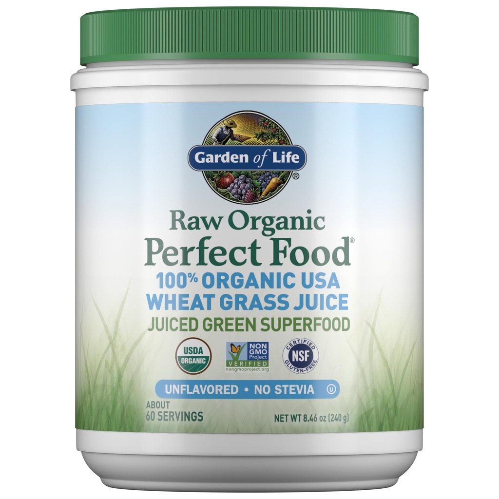 Vrt življenja Raw Organic Perfect Food 100% Organic ZDA Pšenični sok - sok Zelena Superfood Greens Powder, 60 Serving - Stevia-free, Non-GMO, Vegan, Gluten Free Cela prehrana prehranska dopolnila