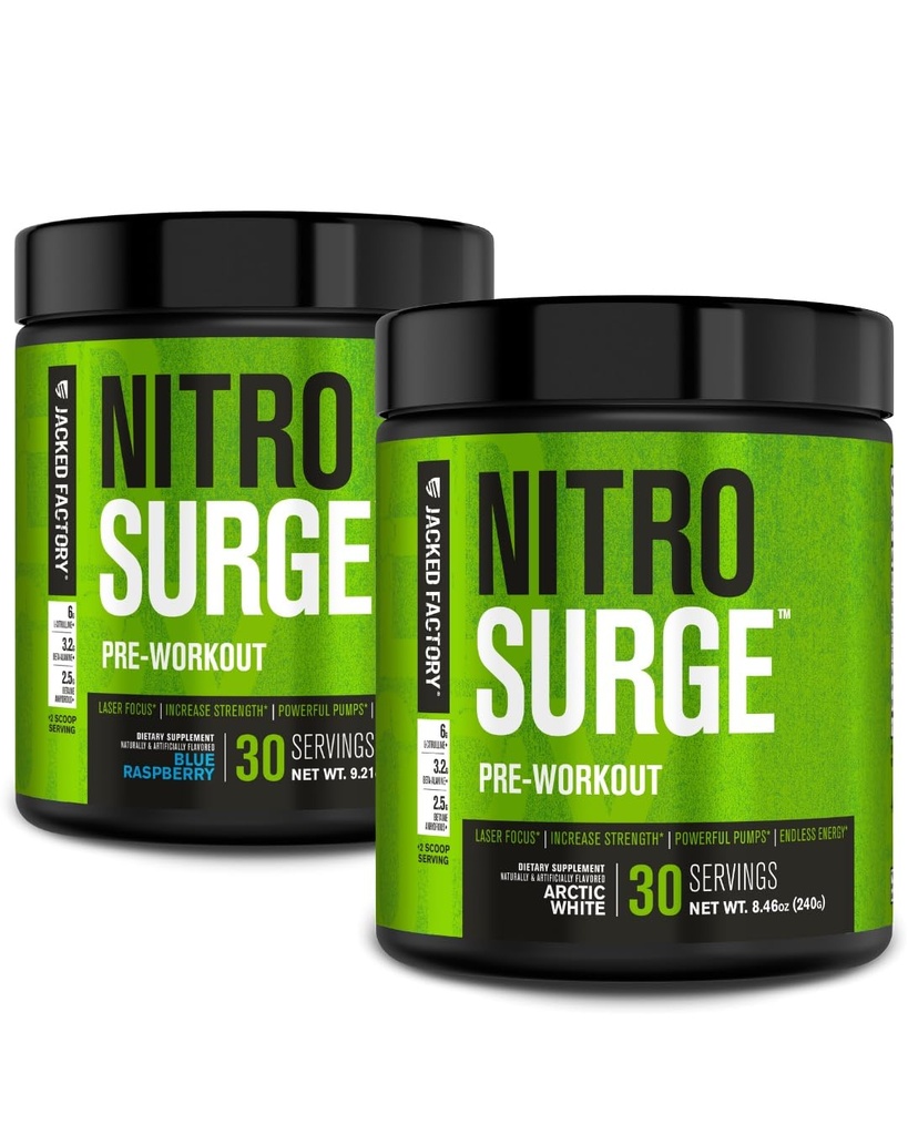 Jacked Factory NITROSURGE Pre Workout dodatek za energijo, Instant moč pridobi, Jasno fokus, & Intenzivne črpalke (Modra malina, 30 Servings & Arktična bela, 30 Servings)