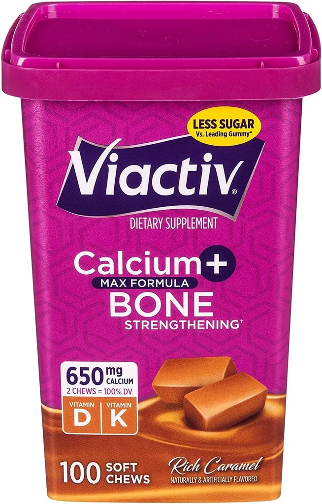 Viactiv Max Formula Kalcij +Vitamin D3 Dopolnilo za zdravje kosti, Bogata karamela, 100 mehkih žvečil - 6 pakiranje