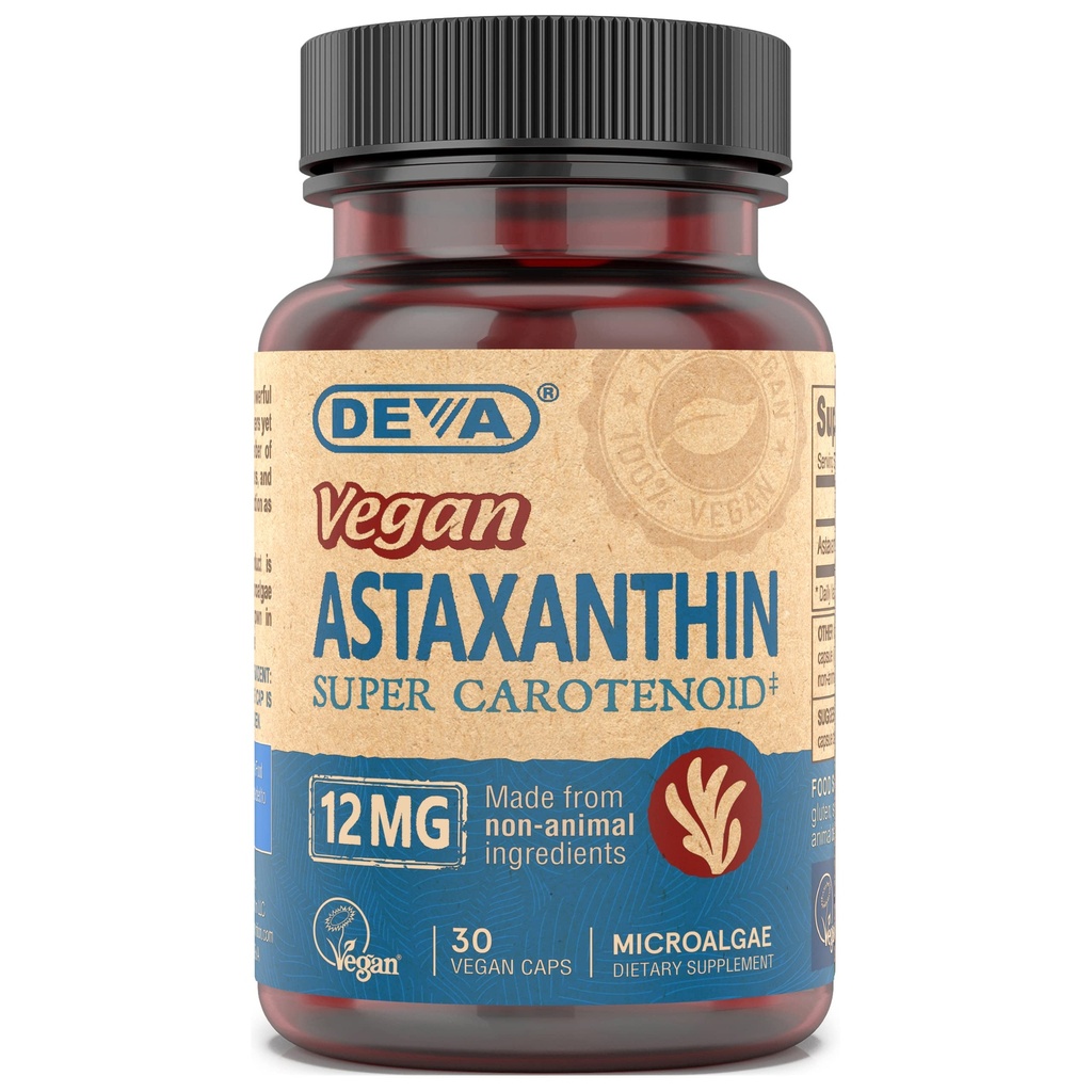 DeVA Nutrition Vitamini Astaksantin 12mg, Vegan, izdelan iz Haematococcus Pluvialis Microalgee, 30 kapsul, 1-pak