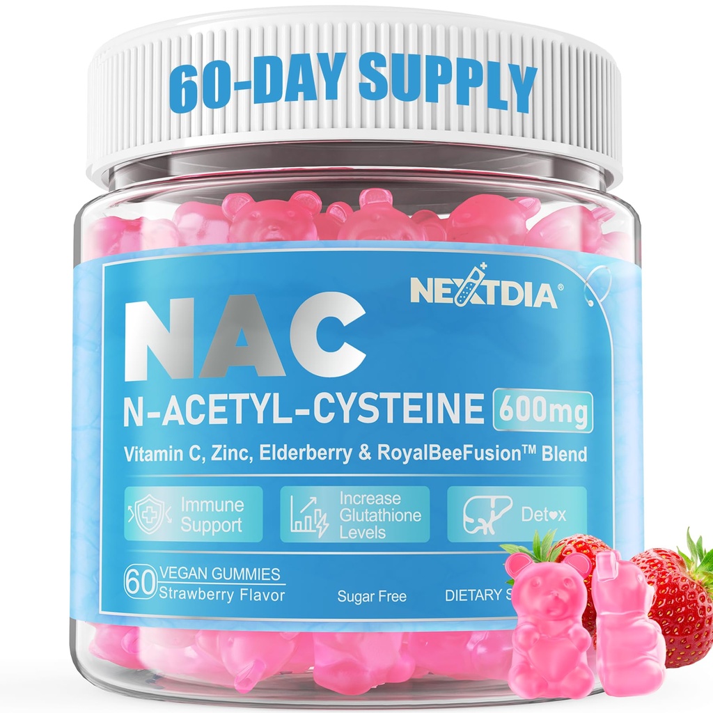 Nextdia NAC Gumies za otroke in odrasle, žvečljivi N-acetil Cistein dopolnilo 600mg 1000mg w/vitamin C, cink, Bezgovina za antioksidantov in imunske podpore, Lung in jetra zdravje, sladkor brez, 120 Ct