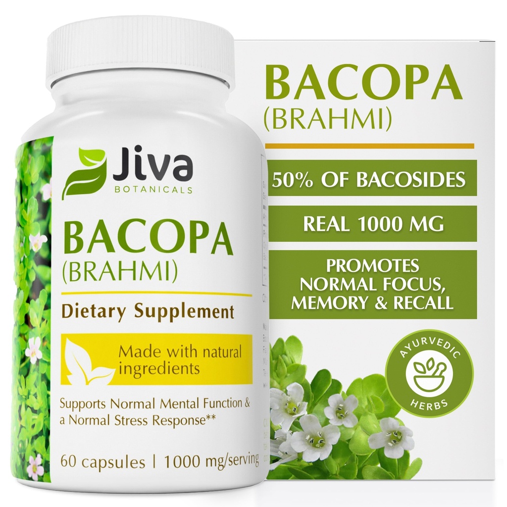 Jiva Botanicals Bacopa Monnieri Supplement Pure 1000mg na strežbo - Visoka moč Bacopa Monnieri (Brahmi) & Extract za normalne možgane, Fokus, & Podpora pomnilniku - Ayurvedic Herbs - 60 kapsul
