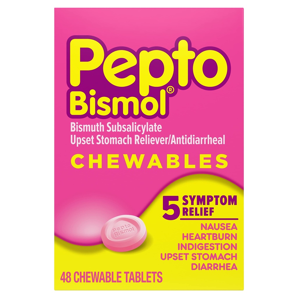 Pepto Bismol Žvečljive tablete za slabost, zgago, prebavne motnje, razdražljivo želodec in drisko - 5 Symptom fast relief, original Flavor, 48 ā