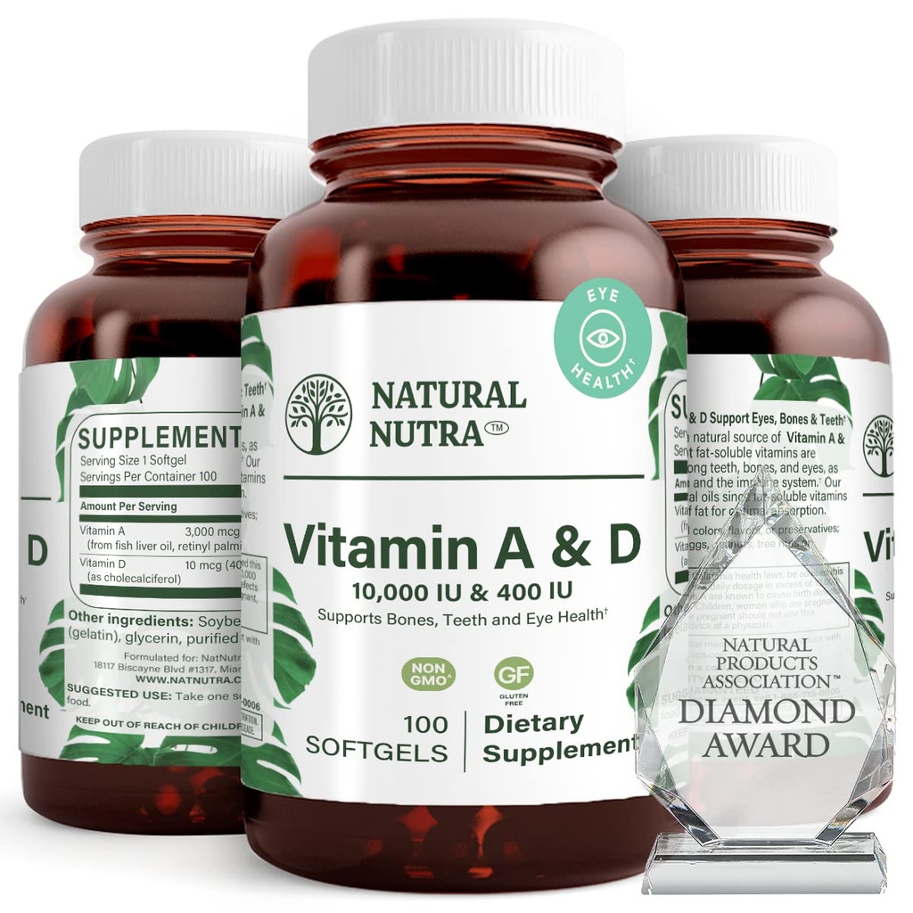 Natural Nutra Vitamin A in D, Podpira zdravje kosti in izboljšanje zdravja oči, spodbuja močne zobe, Izboljša vitalnost, Izvira iz ribjega olja, Podpira splošno zdravje, 10000IU/400IU, 100 Softgels