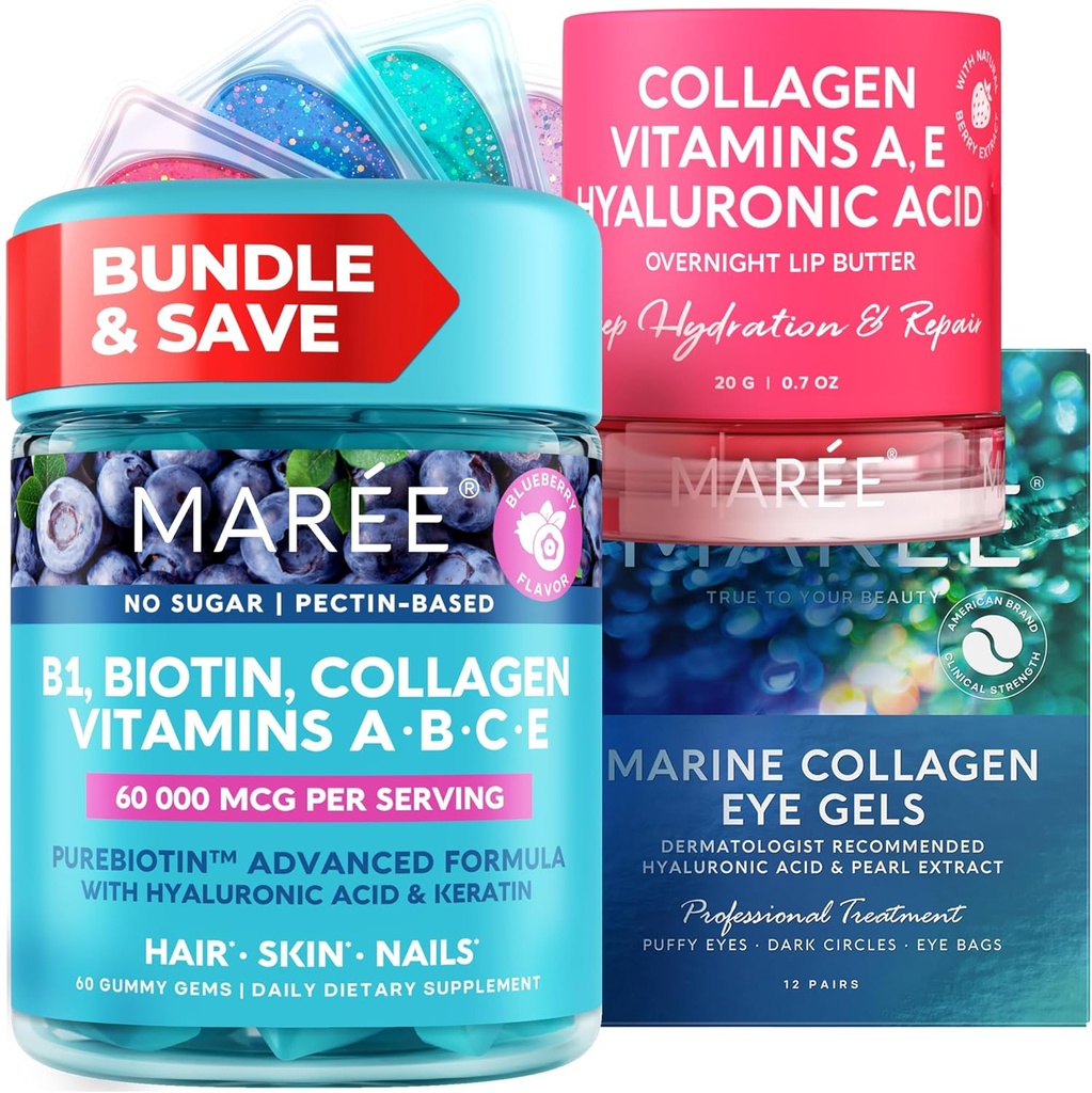 MAREE Bundle - Vitamin B1 Tiamin Gumies, Lip Mask, geli pod očmi - A, E, D, C Vitamini - Kolagen & Hialuronska kislina - Kompleks za kožo, nohte, lase - Maska za suha usta - Geli za Puffy oči