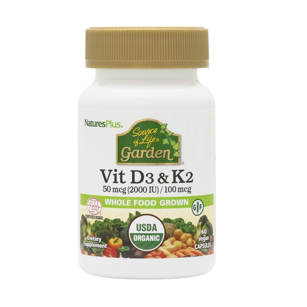 Nature Plus Vir življenja Vrt Vitamin D3 & K2-60 Veganske kapsule - spodbuja podporo kosti, imunske funkcije, srčnožilno zdravje in ravnotežje razpoloženja - Vegan, Gluten Free - 60 Servings