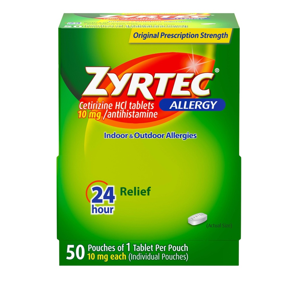 Zyrtec 24 ur Alergija Relief tablete, Individualno zaviti notranji in zunanji alergija Medicine z 10 mg Cetirizine HCl na antihistaminik tablete, 1 tableta na pakiranje, 50 ct Dispensit pakiranje