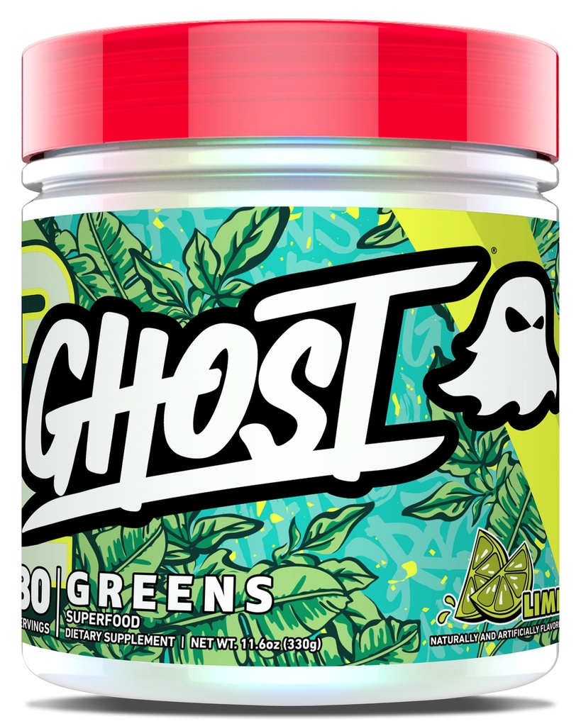 GHOST Greens Powder, Lime - 30 Servings - 19 Superfood Greens & Reds Powder, Sadje, Zelenjava, Spirulina, & Klorella, Prebiotiki, 10 milijard CFU Probiotik & Prebavni encimi - Gluten-free