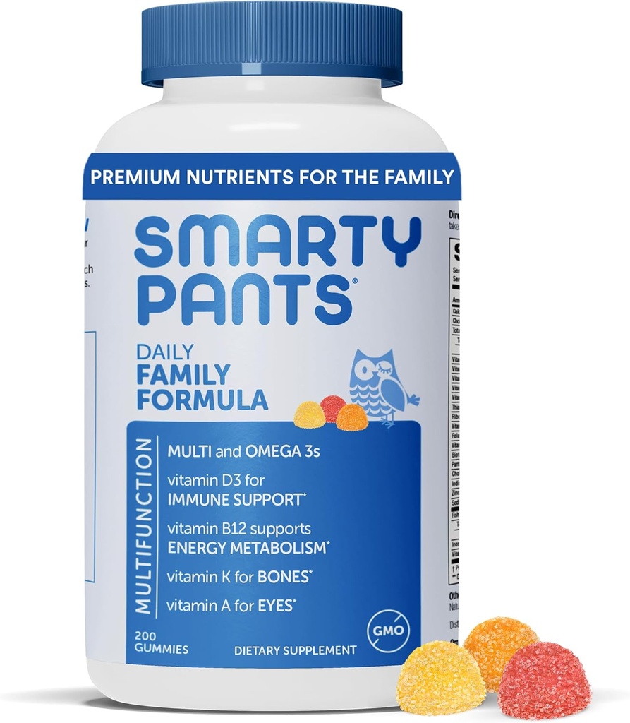 SmartyPants Multivitaminski za moške, ženske in otroke: Vitamin Gumies z Omega 3 ribje olje (EPA/DHA), metilfolat, vitamin D3, C, vitamin B12, B6, vitamin A, K in cink, 200 Štetje (30 dnevna dobava)