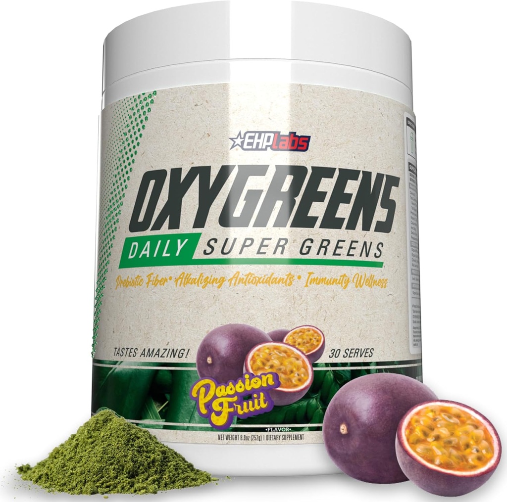 EHP Labs OxyGreens Super Greens Powder - Spirulina & Chlorella Superfood, Green Juice Powder & Greens Dodatki s prebiotičnimi vlakni, antioksidanti in imunosti podporo, 30 Serve (Passion flave)