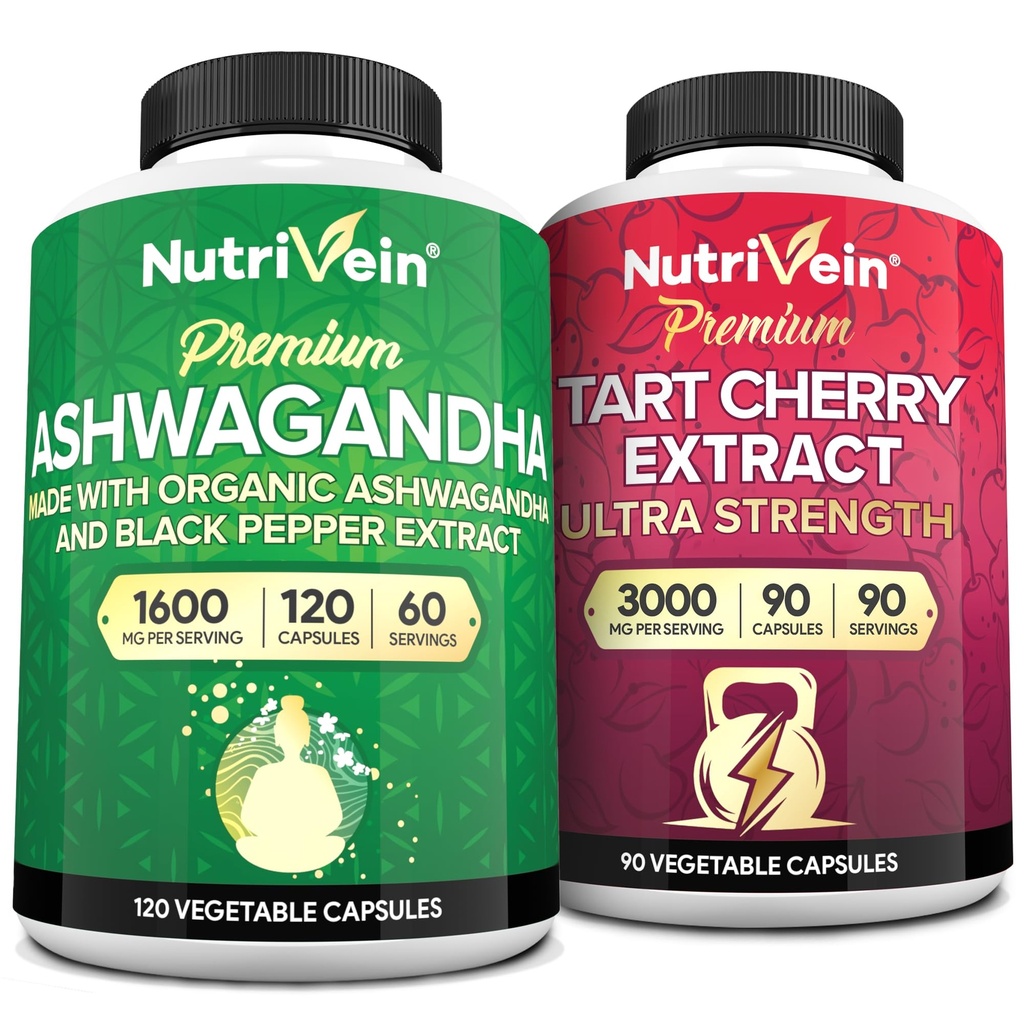 Nutrivein Premium Ashwagandha Kapsule & Kapsule Tart Cherry Bundele: Izvleček češnjevega kolača z visoko absorpcijo in dodatki za okrevanje, ravnotežje in vitalnost